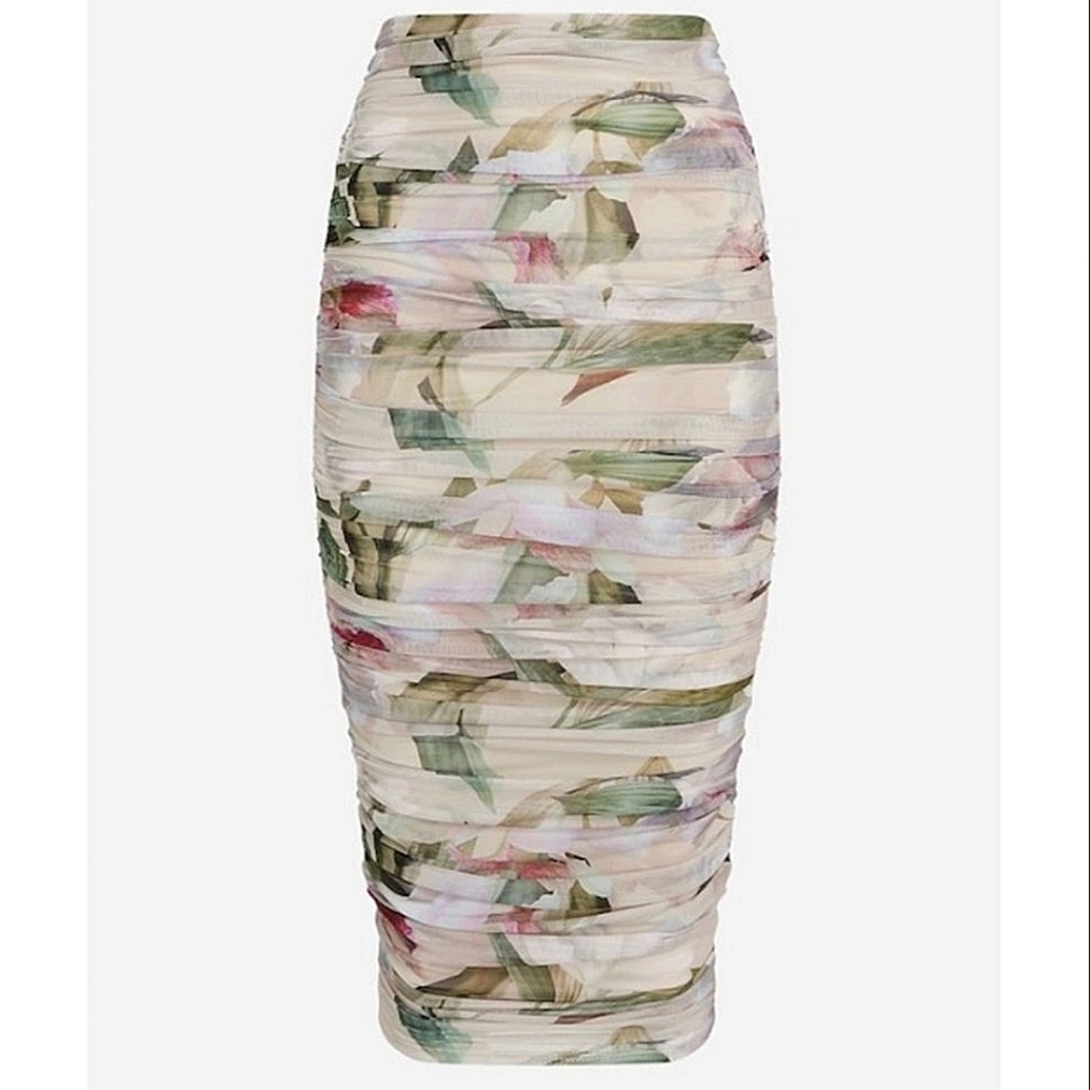 💚Express Cream Multicolored Floral Print Ruched Pencil Skirt☆ - Picture 2 of 2